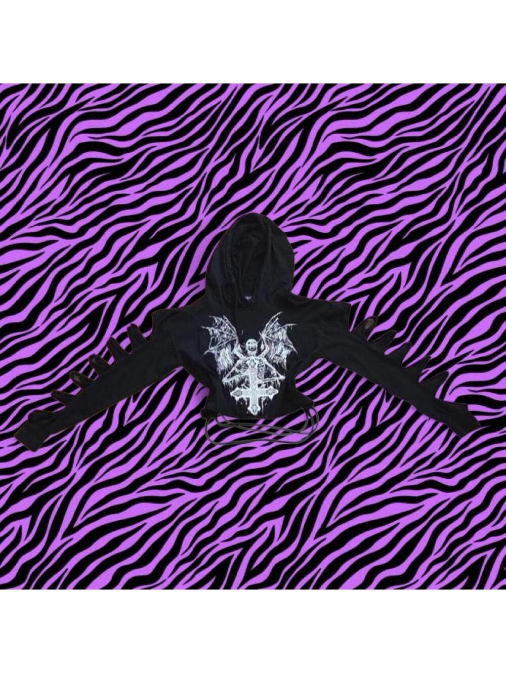 SICKK NWOT Lip Services Widow 'Riddick' shredded black cropped hoodie
